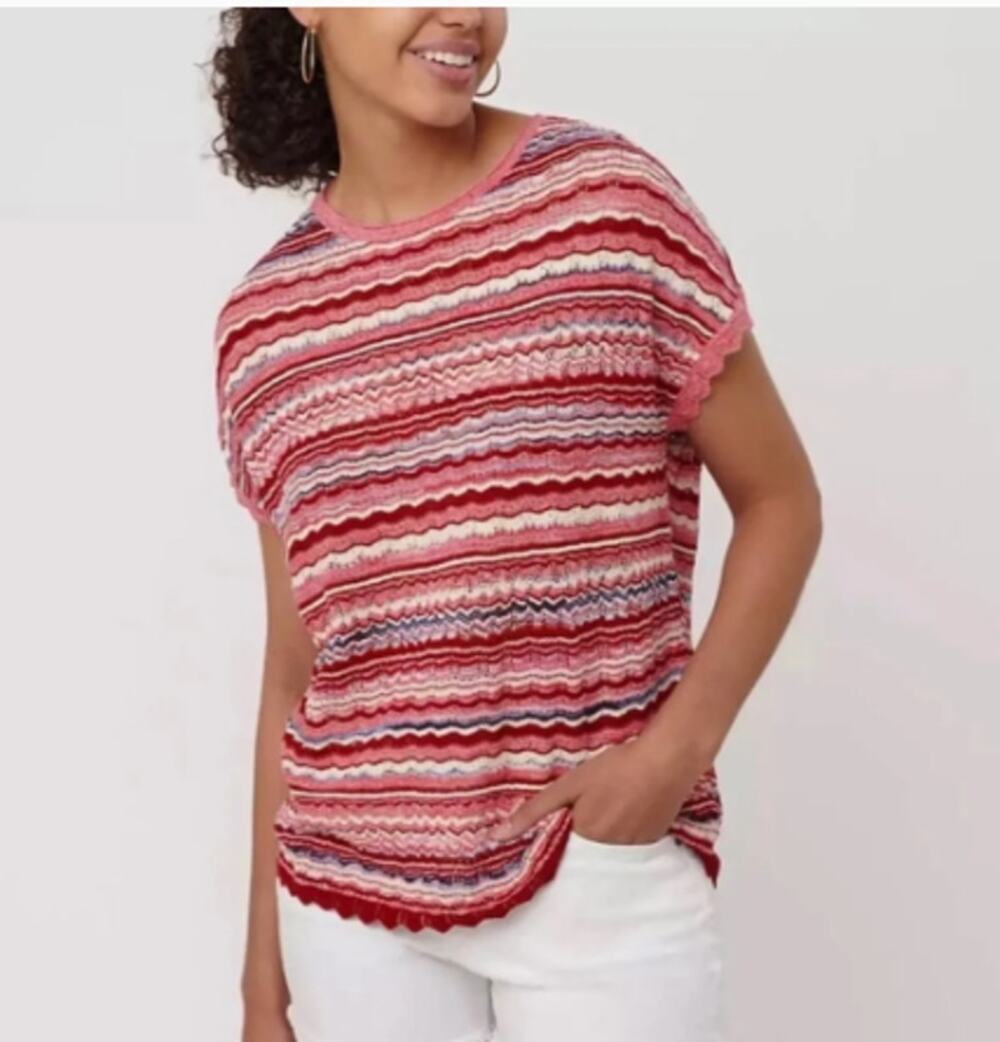 Loft Knit Sheer Pullover Top Pink Red Romantic Preppy Girly Sz M